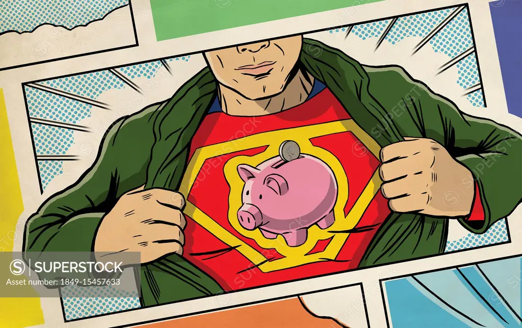 Superhero opening shirt and revealing piggy bank logo