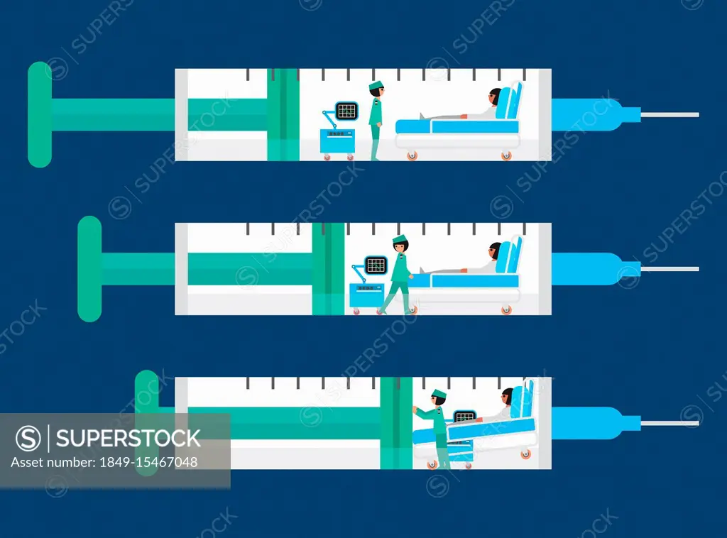 Sequence with hospital ward being squeezed inside of syringe