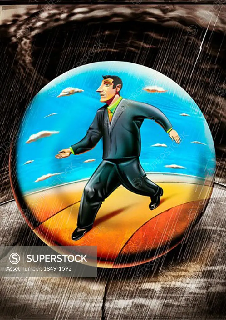 Businessman in bubble walking through rain
