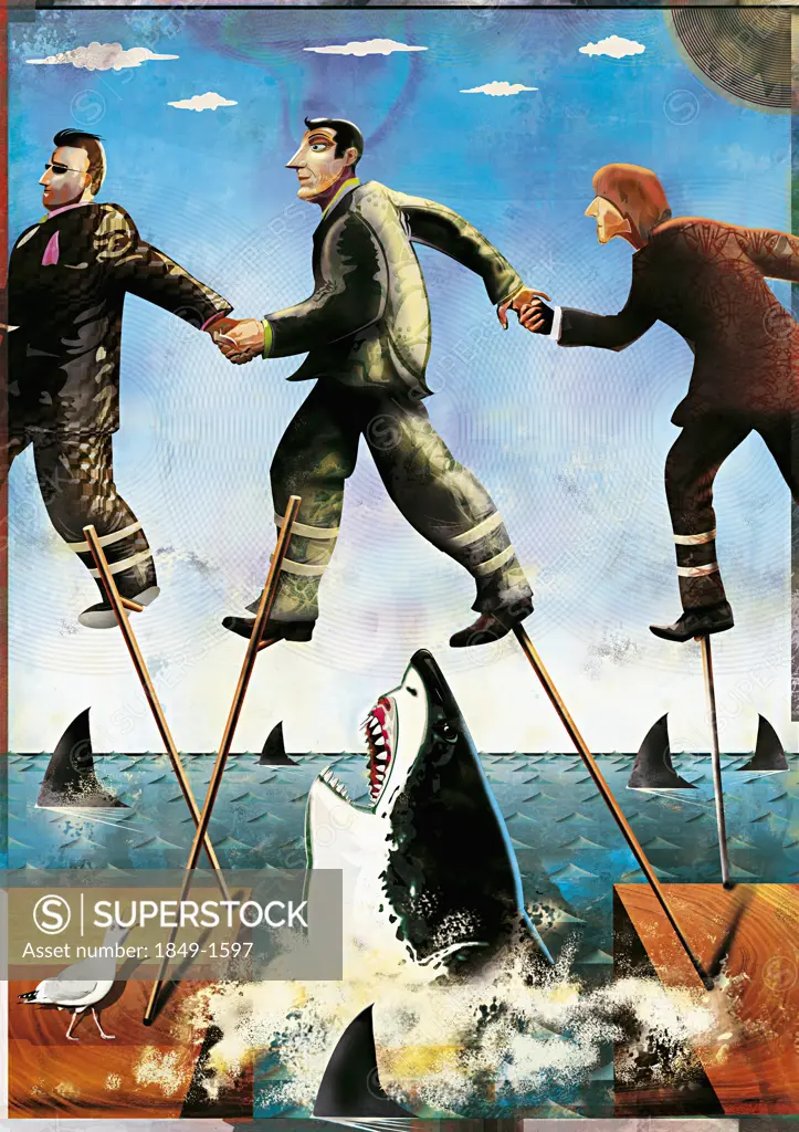 Businessmen on stilts walking through shark-infested waters