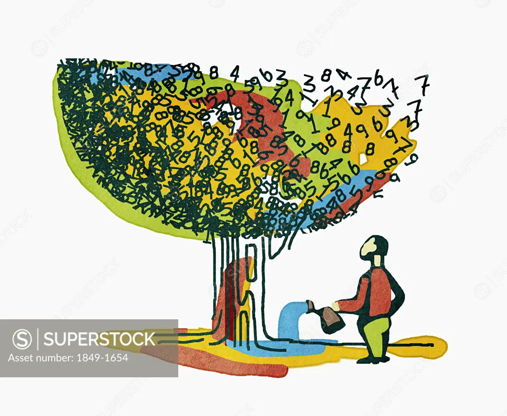Men watering tree of numbers