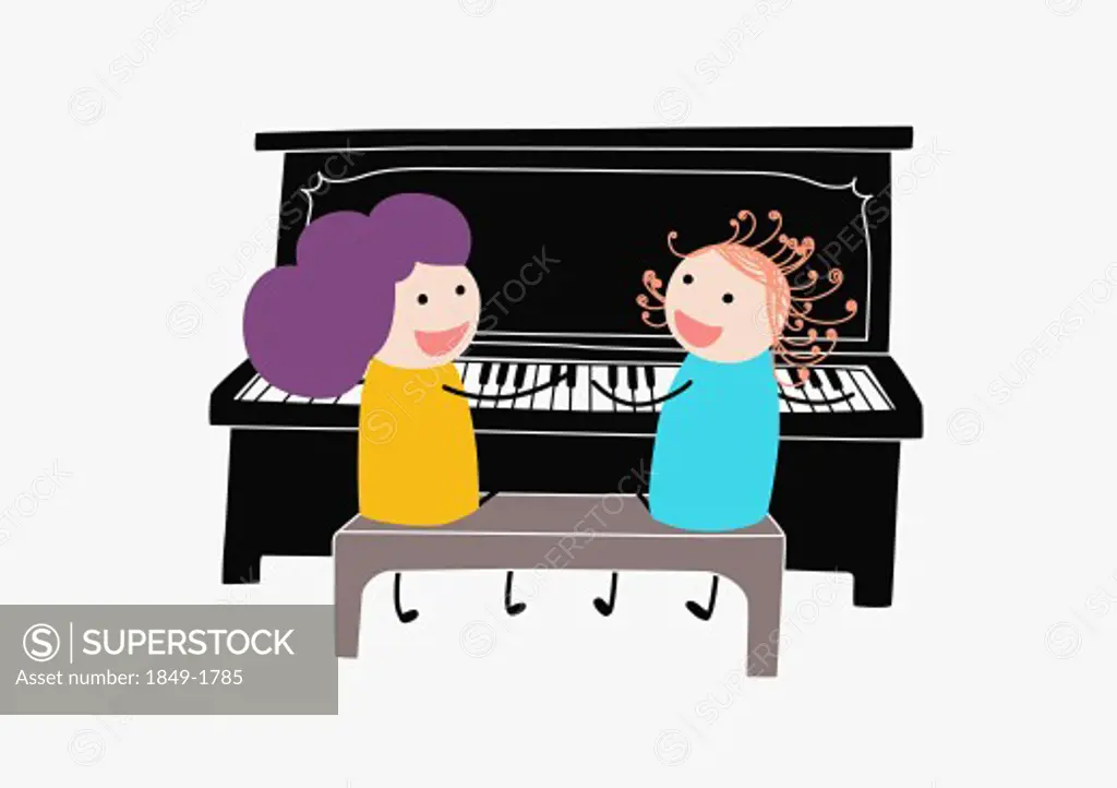 Children playing duet on piano