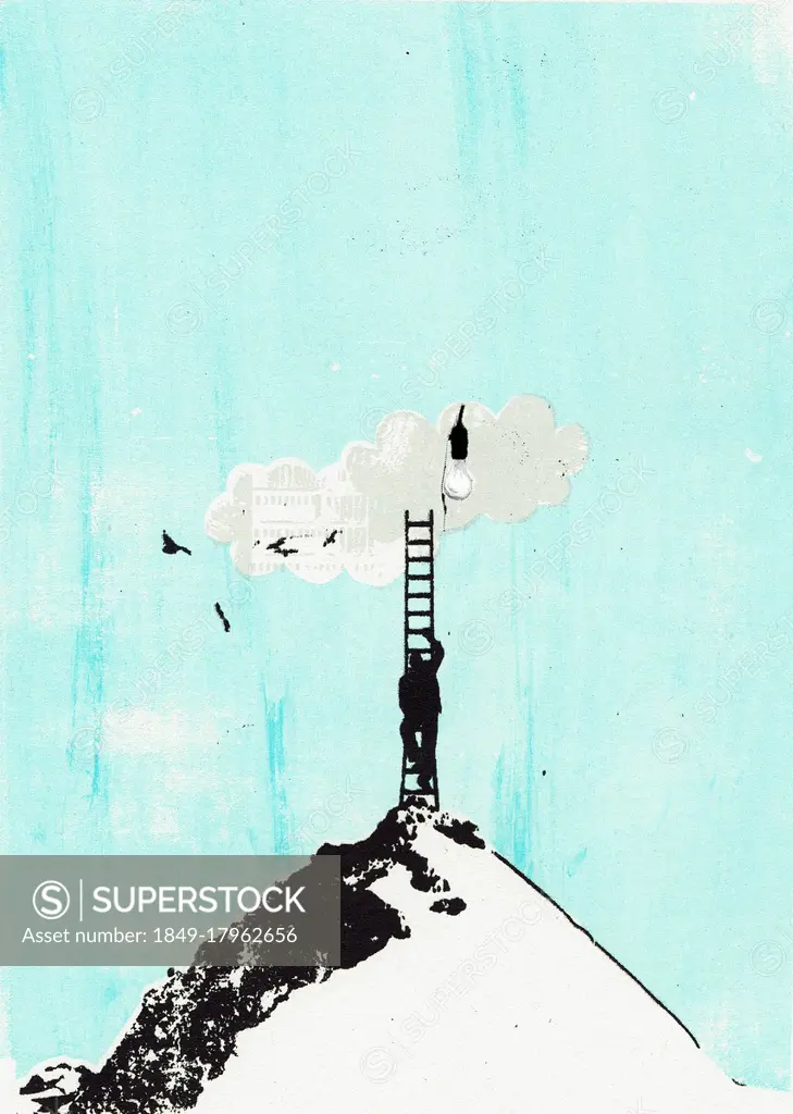 Man climbing ladder from mountain peak to light bulb in cloud