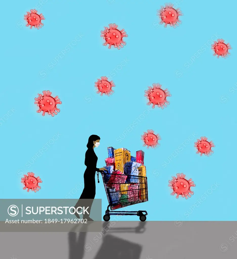 Woman wearing mask pushing supermarket trolley