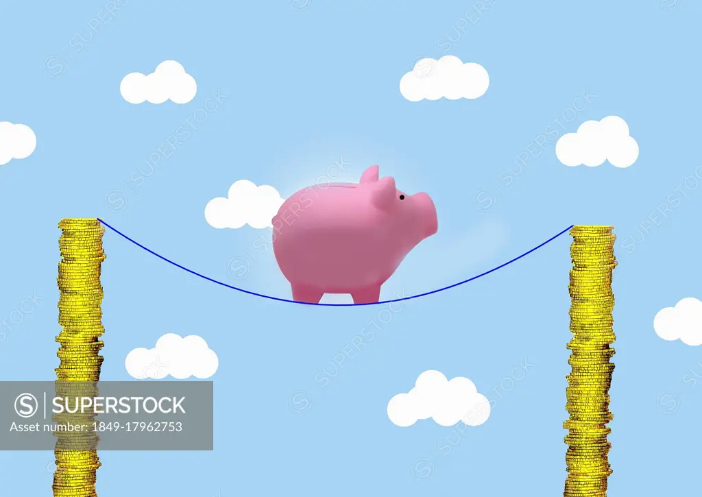 Piggy bank on tightrope between piles of money
