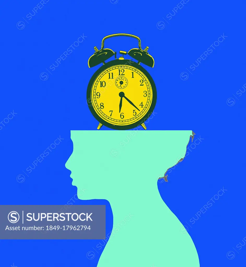 Alarm clock inside woman's head