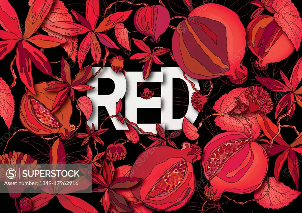 The word RED surrounded by foliage and seed head pattern