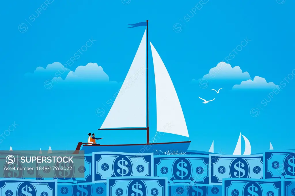 Couple sailing on calm dollar note sea