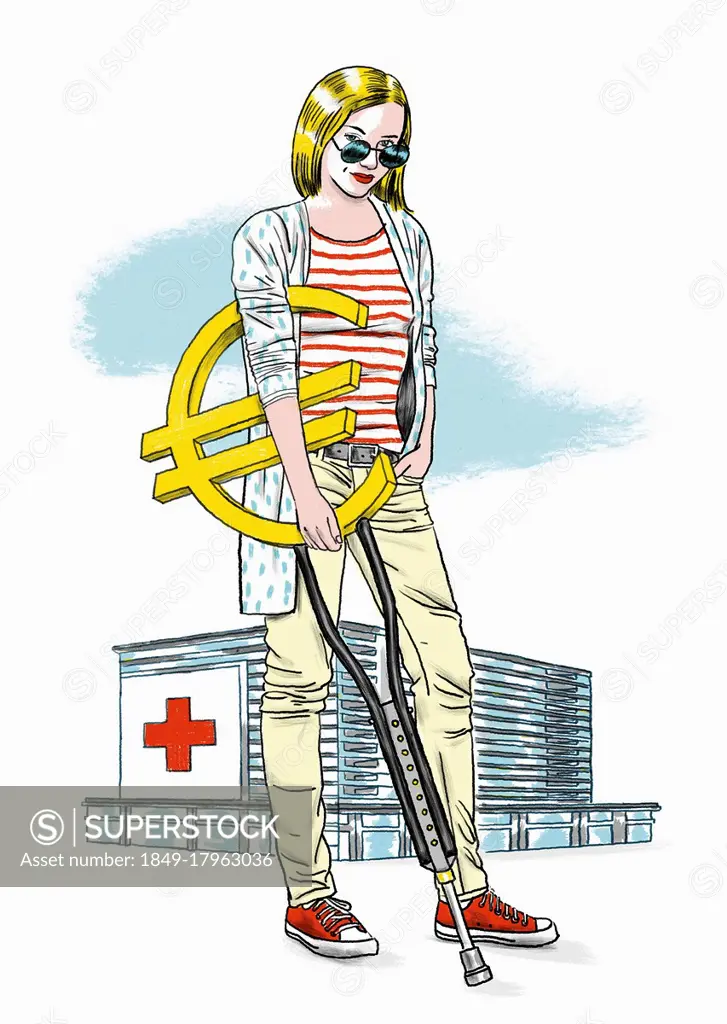 Hospital patient with euro sign crutch