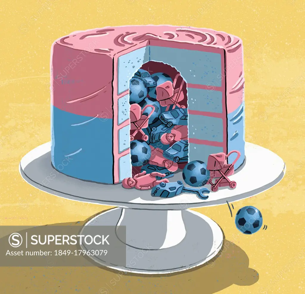 Celebration cake stuffed with gender stereotype toys