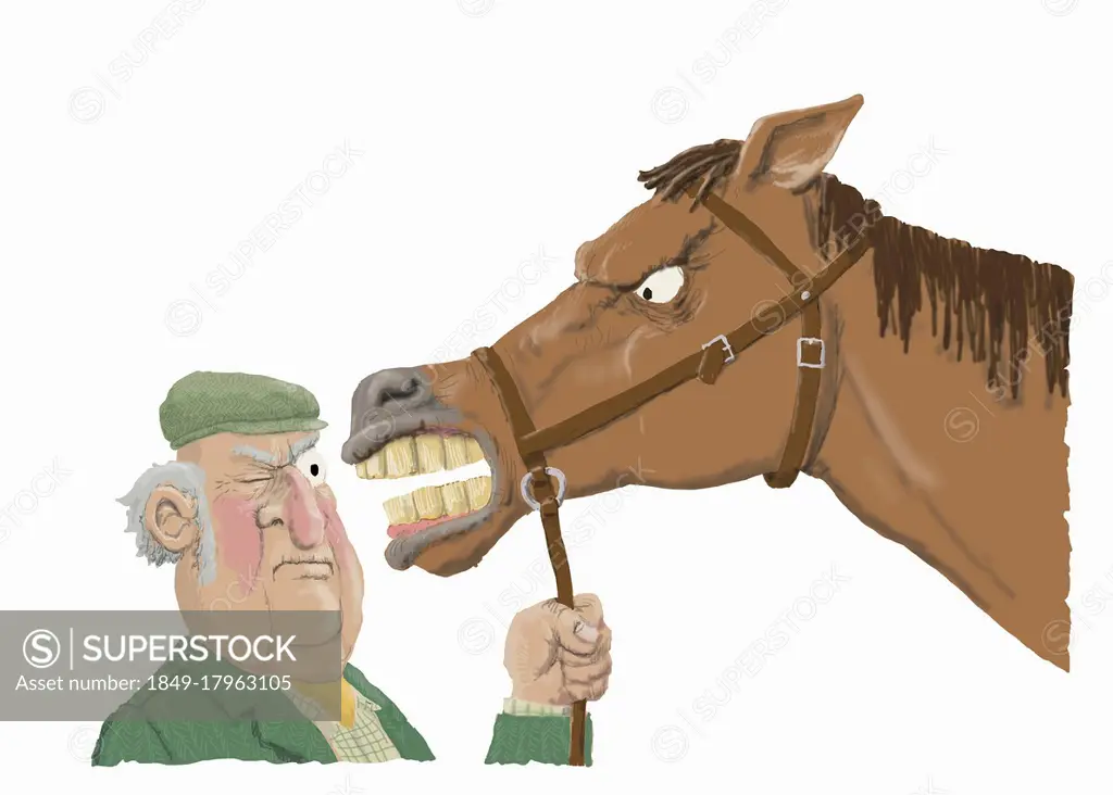 Farmer inspecting teeth of angry horse