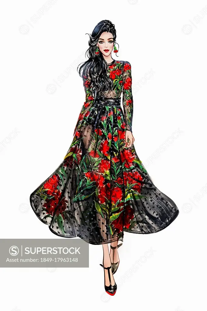Beautiful woman wearing floral pattern see through dress
