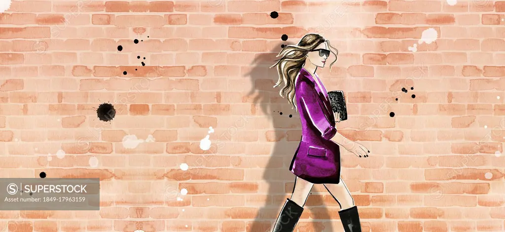 Fashion illustration of woman wearing jacket and boots against brick wall