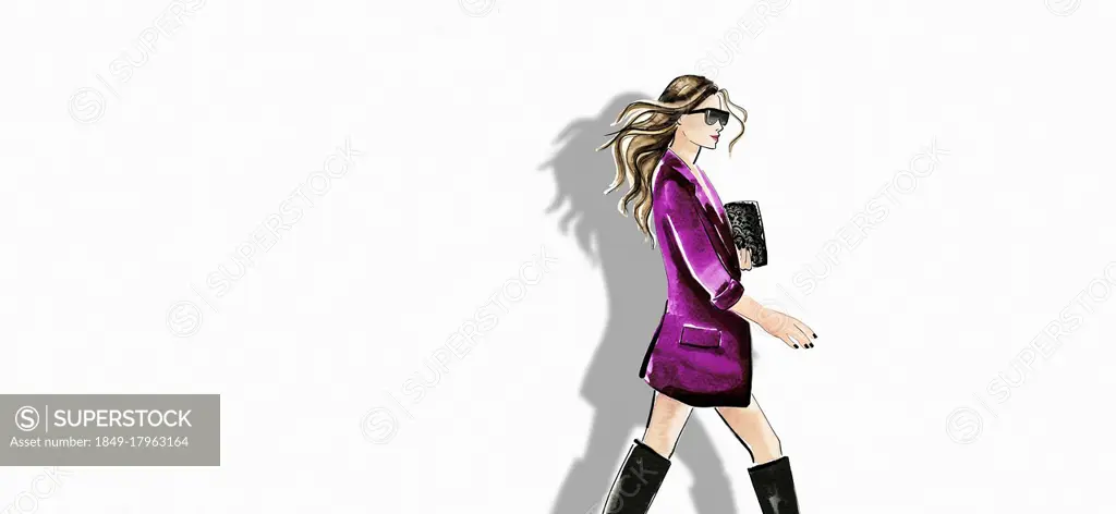 Fashion illustration of woman wearing jacket and boots against white background