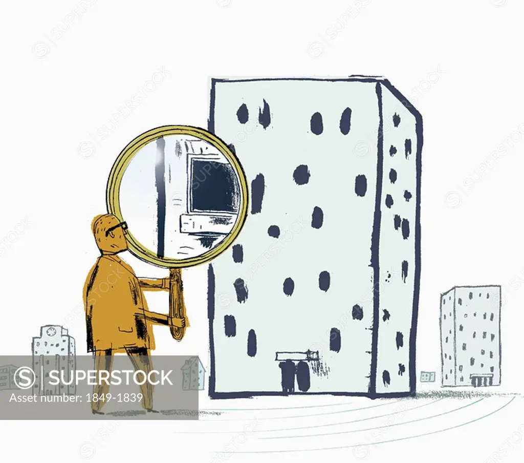 Man looking through building with large magnifying glass