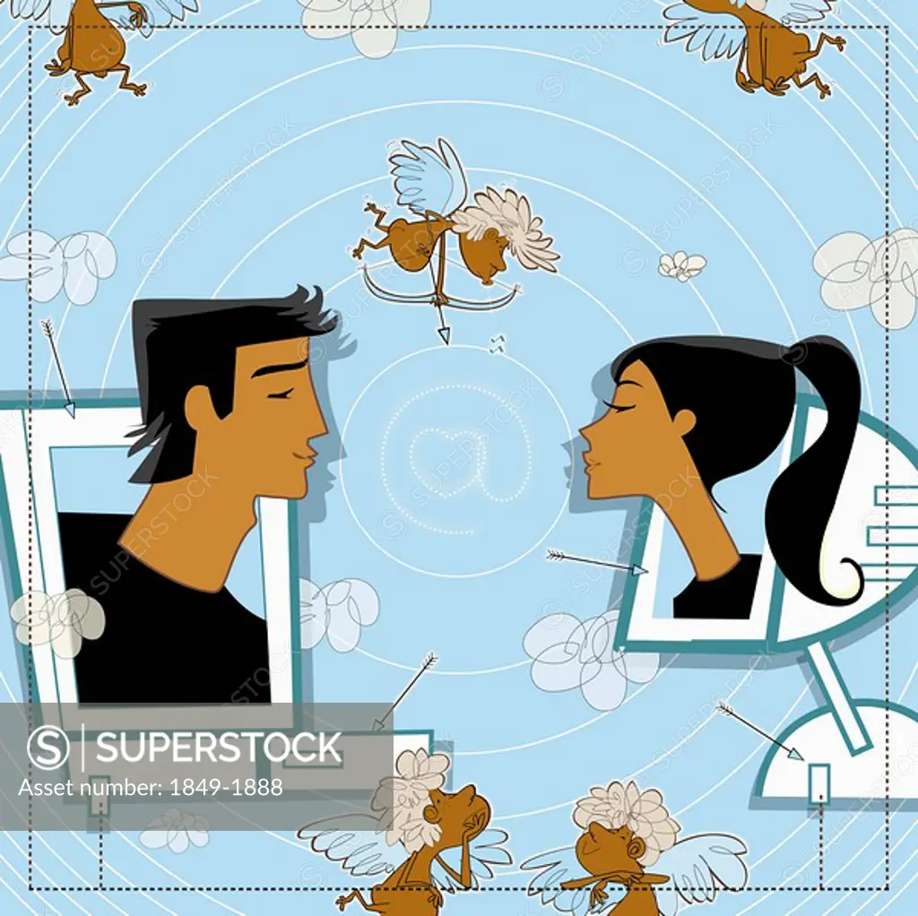 Man and woman on computer monitors kissing