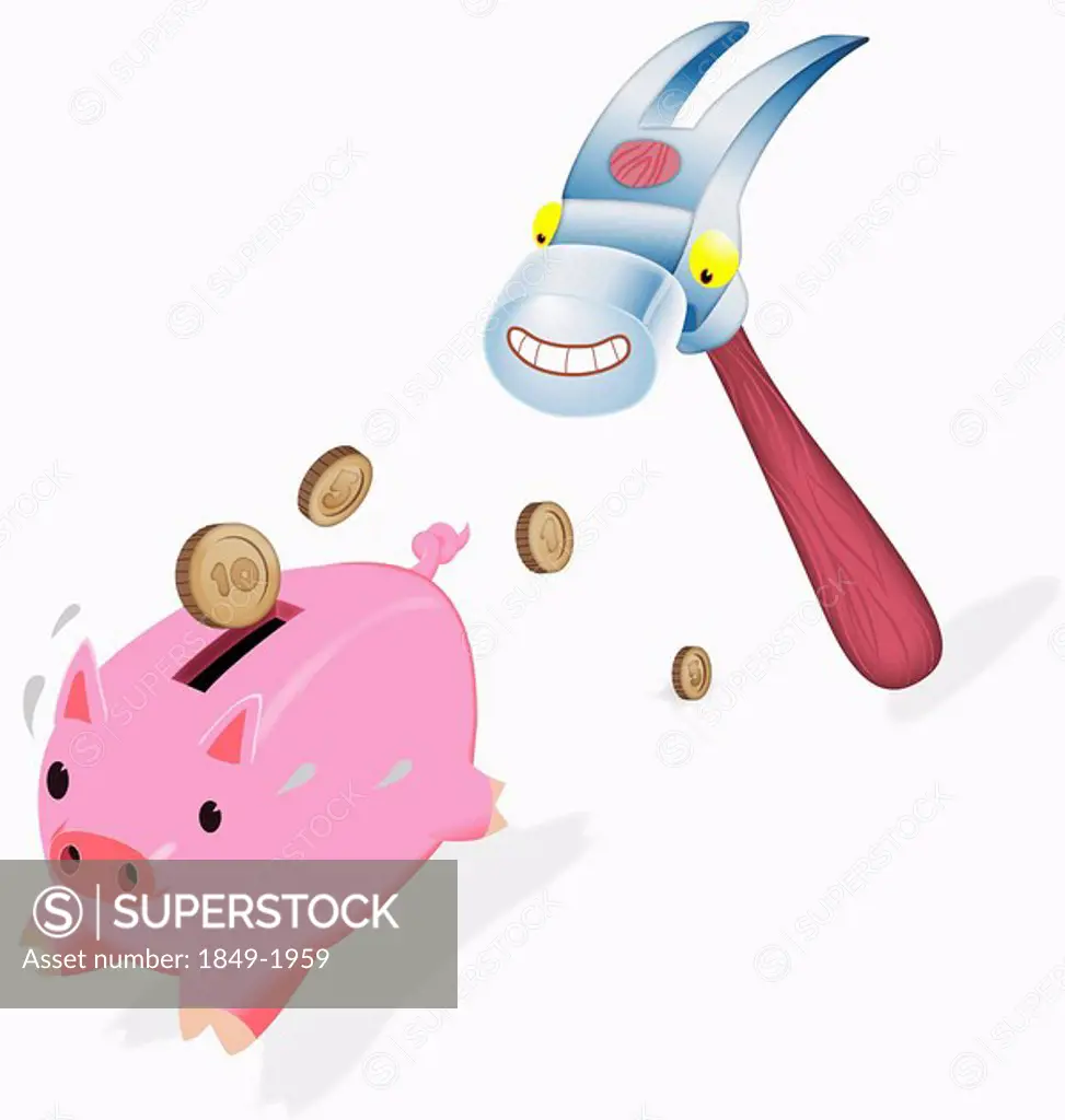 Anthropomorphic hammer chasing piggy bank