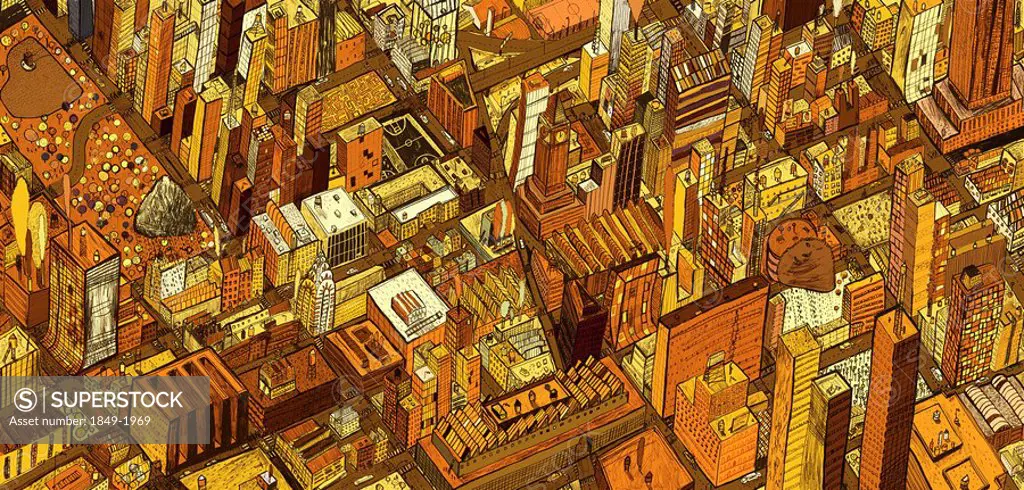 Aerial view of city rooftops