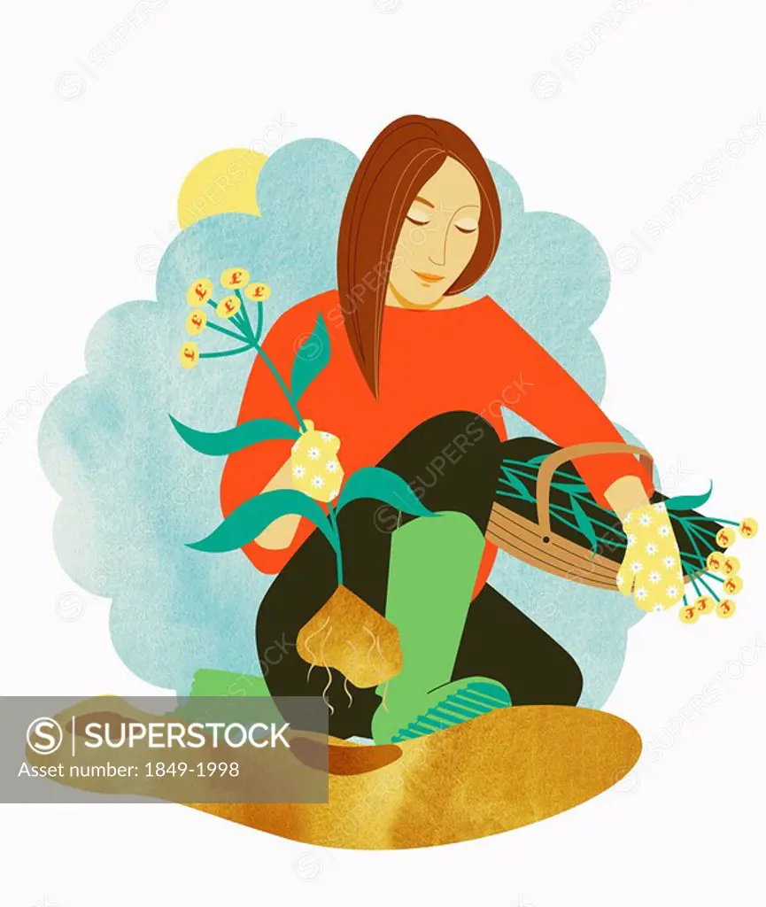 Woman harvesting plants with pound symbol leaves