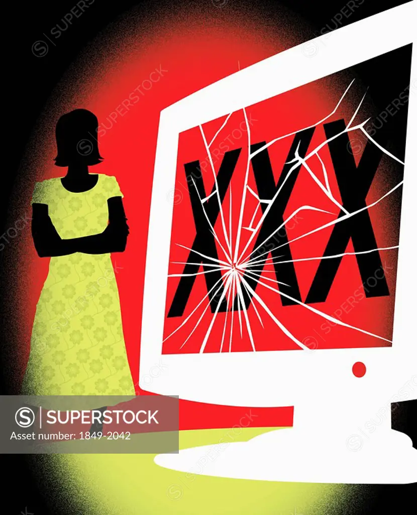 Woman looking at cracked computer monitor with XXX text