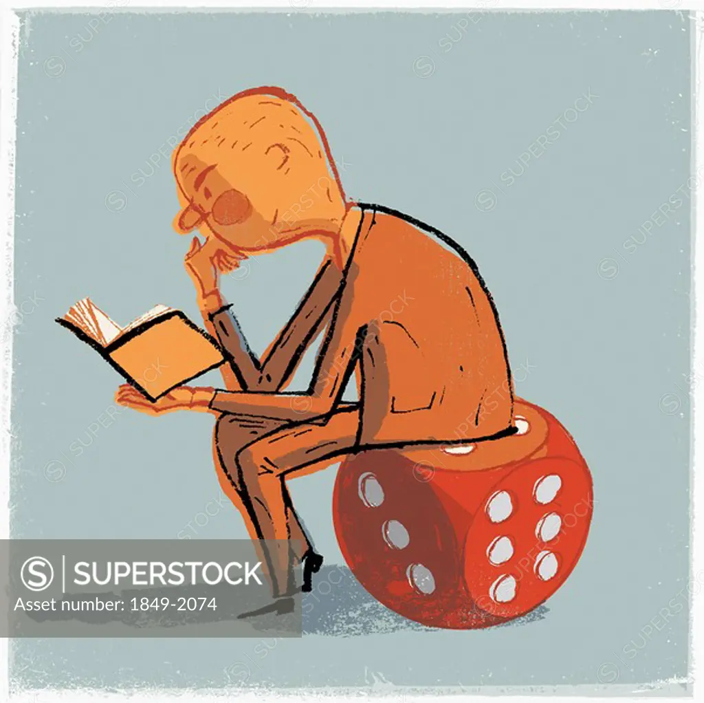 Man sitting on dice and reading book