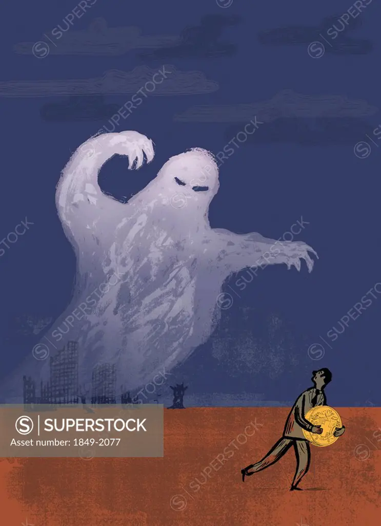 Ghost looming over businessman holding large coin