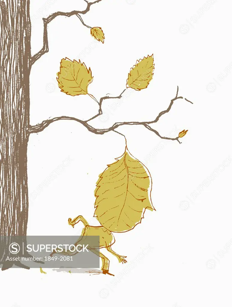 Man with leaf head moving away from tree