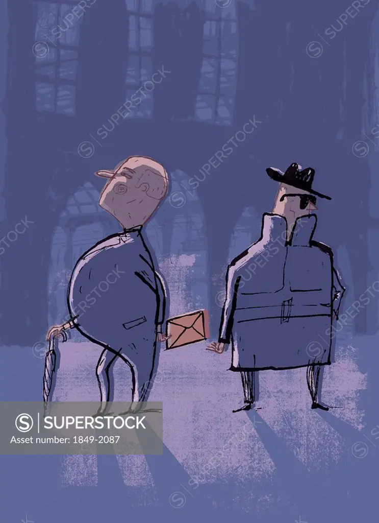 Businessman bribing man in trench coat