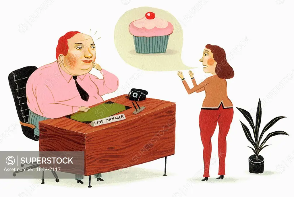 Cupcake in speech bubble over woman talking to boss