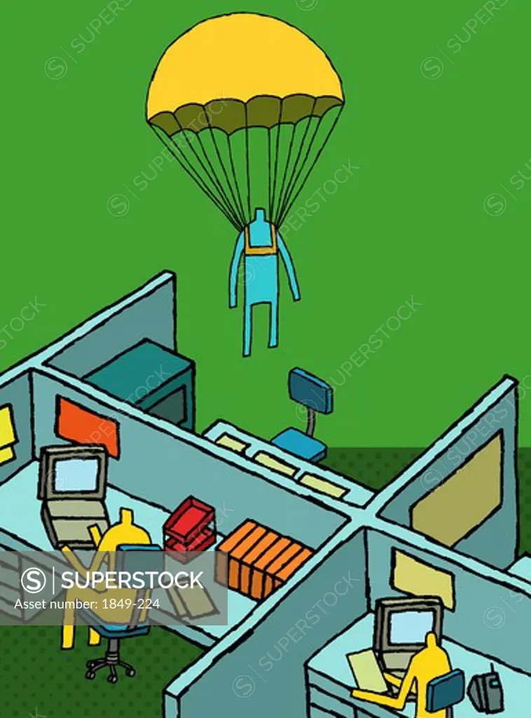 Businessman parachuting into office