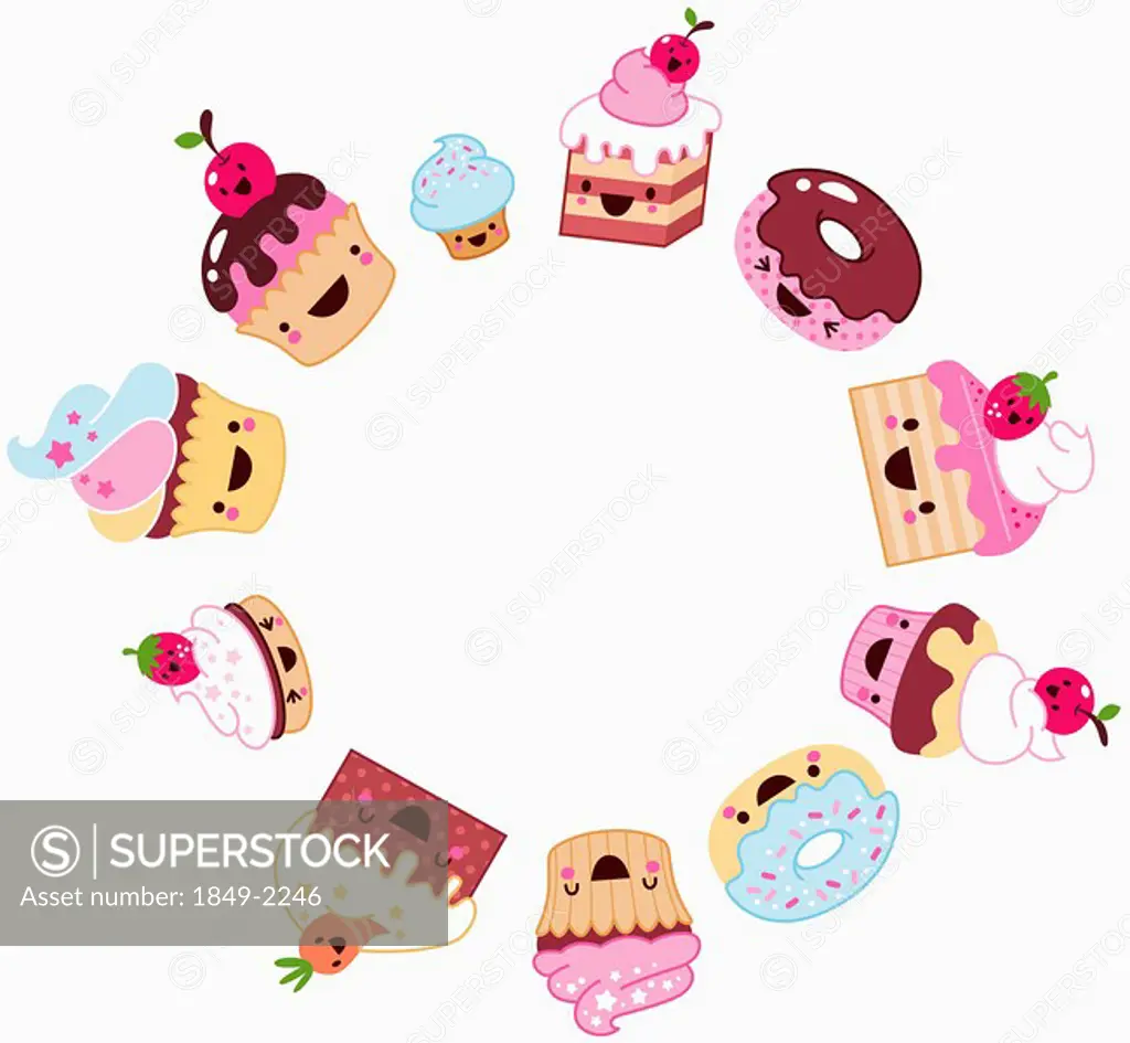 Anthropomorphic sweets forming circle