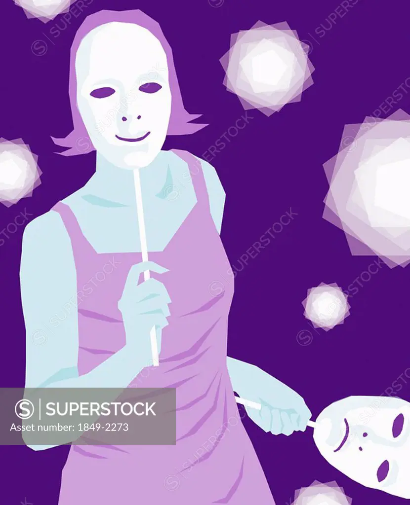 Woman wearing smiling mask and holding frowning mask