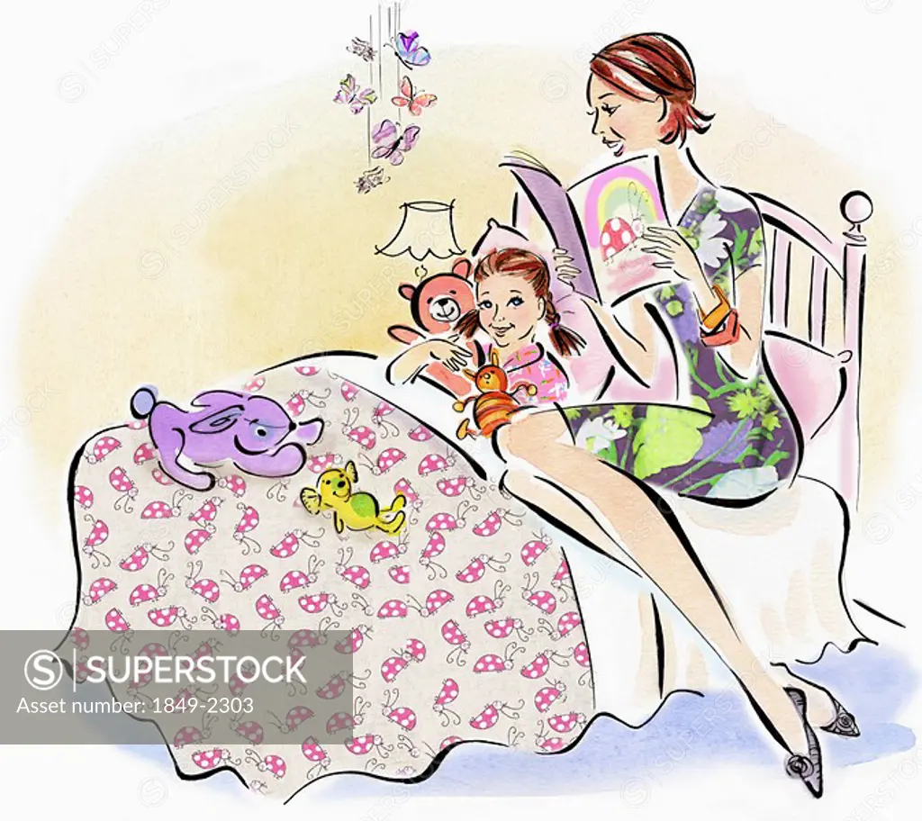 Mother reading story to daughter in bed