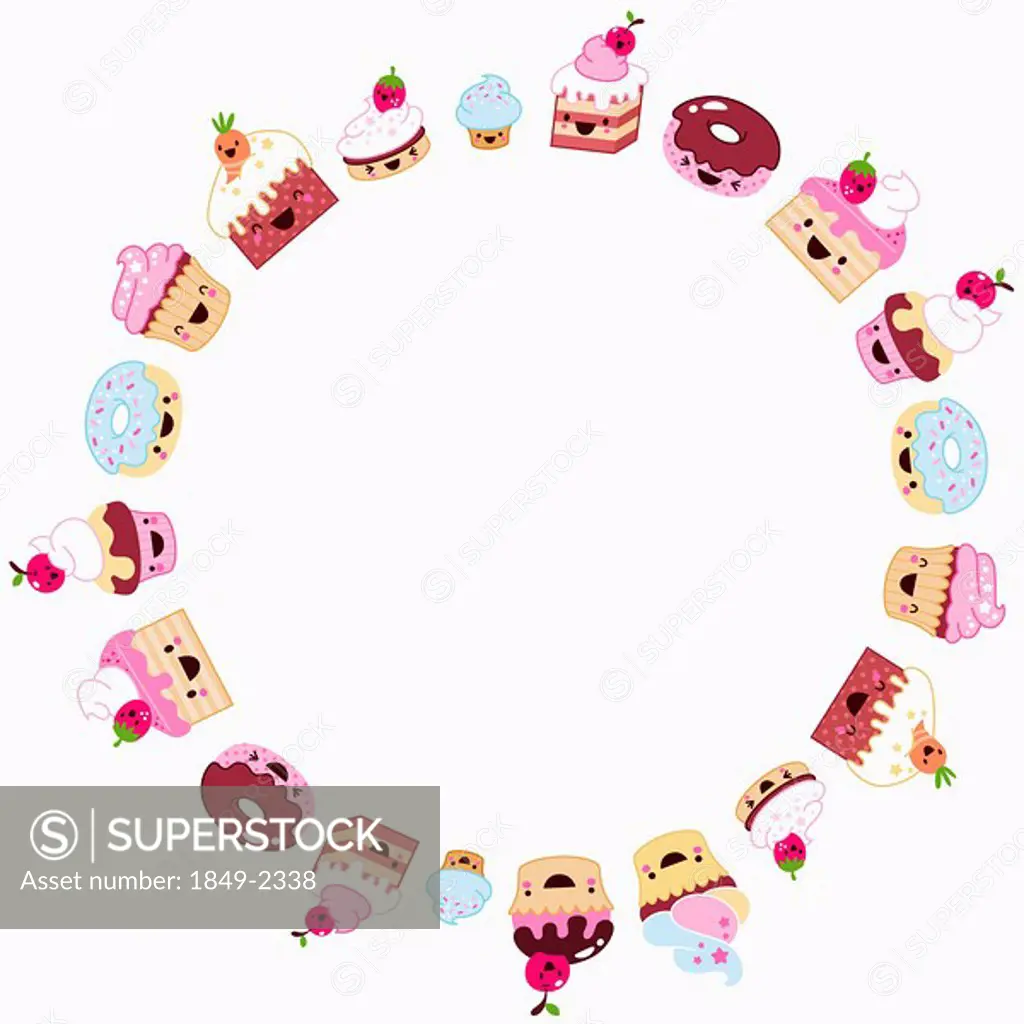 Anthropomorphic sweets forming circle