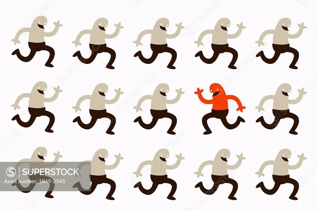 Red character running against crowd