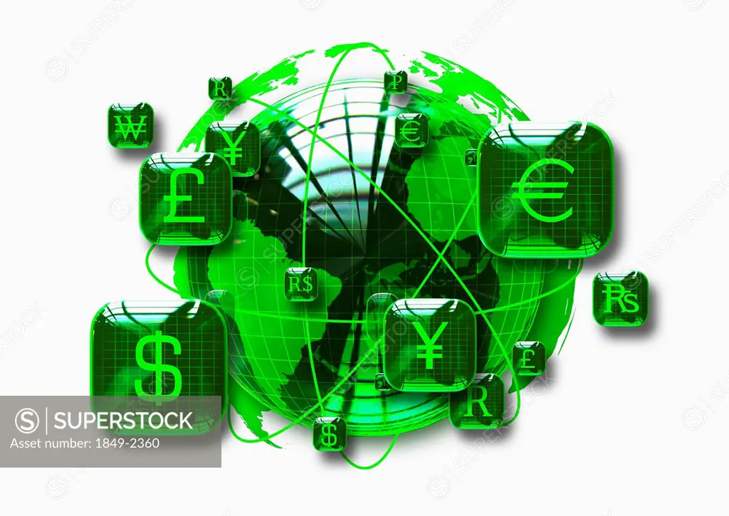 Green globe surrounded by squares containing currency symbols