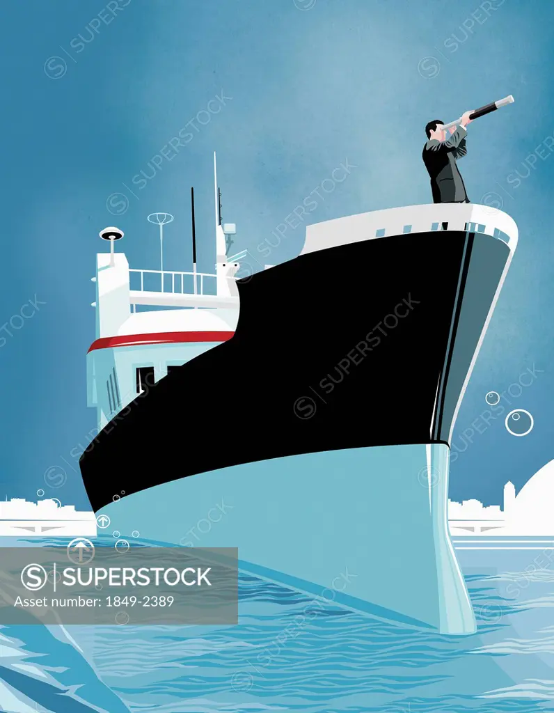 Business man using telescope on bow of ship