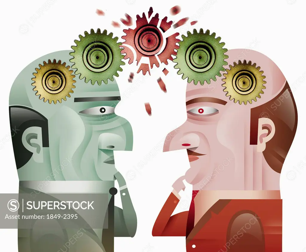 Two businessmen with cogs on heads