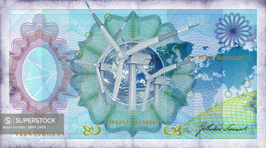 Close up of blue bank note with wind turbines in center