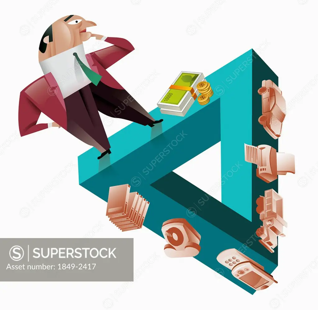 Businessman standing on triangle next to money