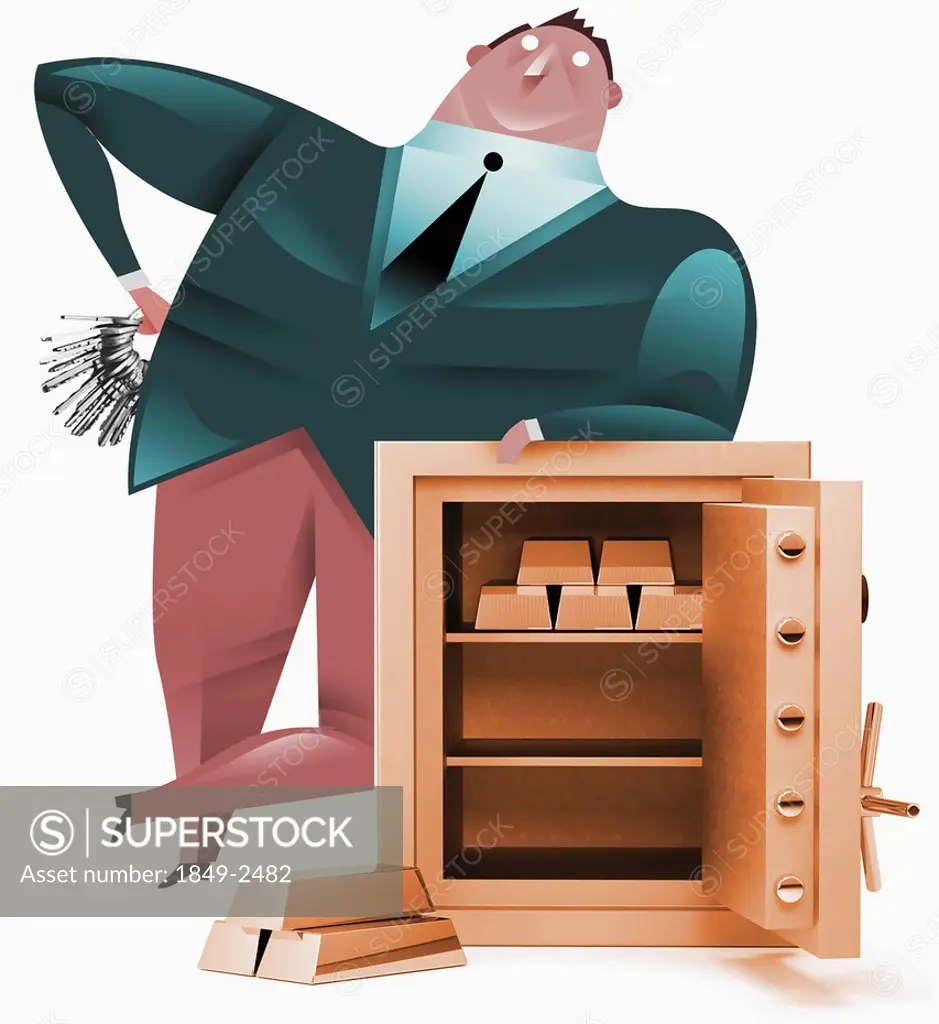 Businessman leaning on open safe