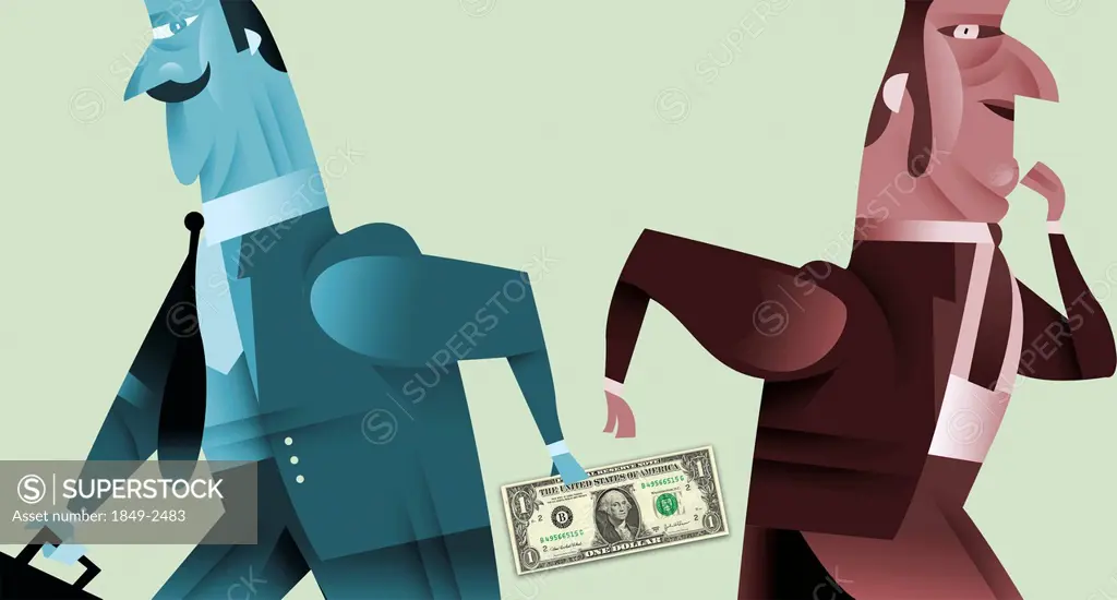 Businessman handing money to co_worker behind his back