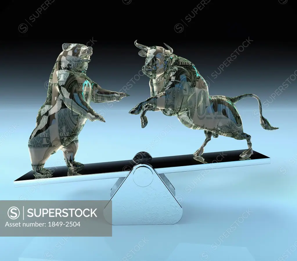 Bull and bear balancing on seesaw