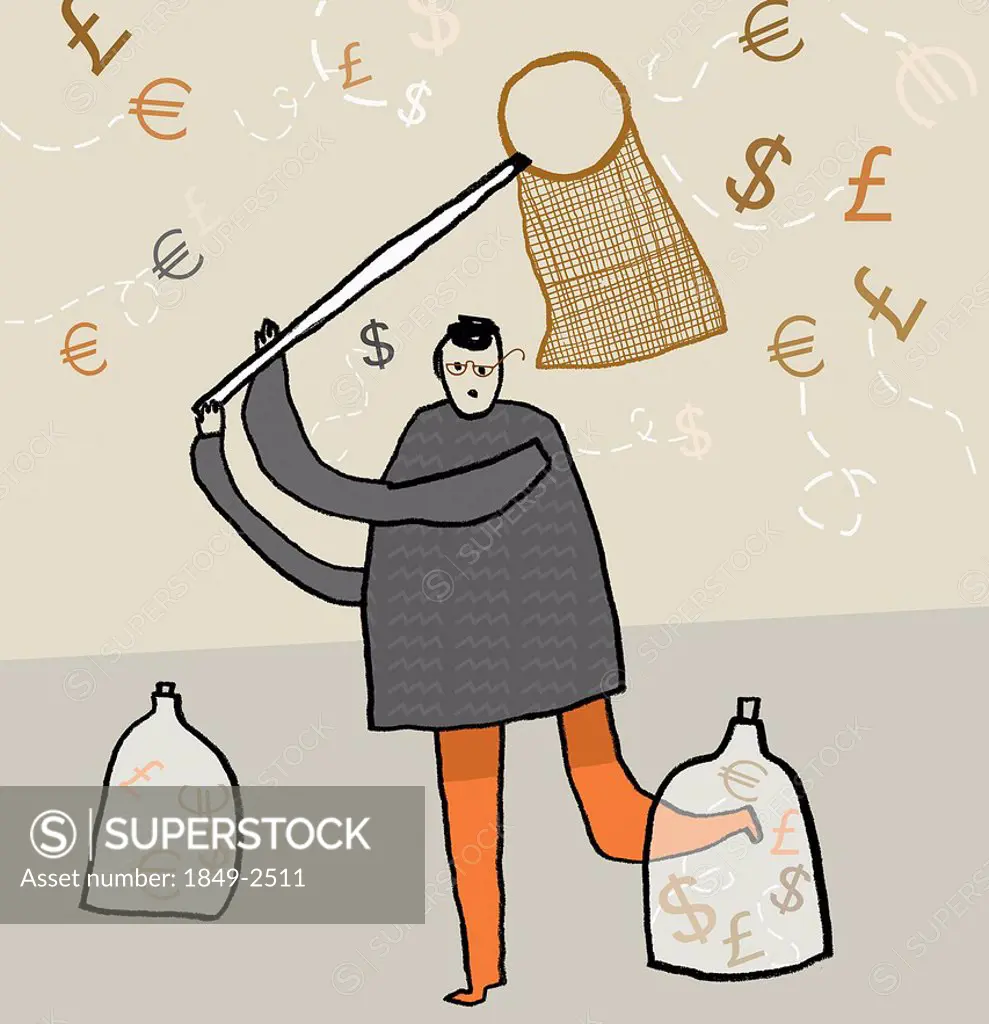 Man catching currency symbols with net