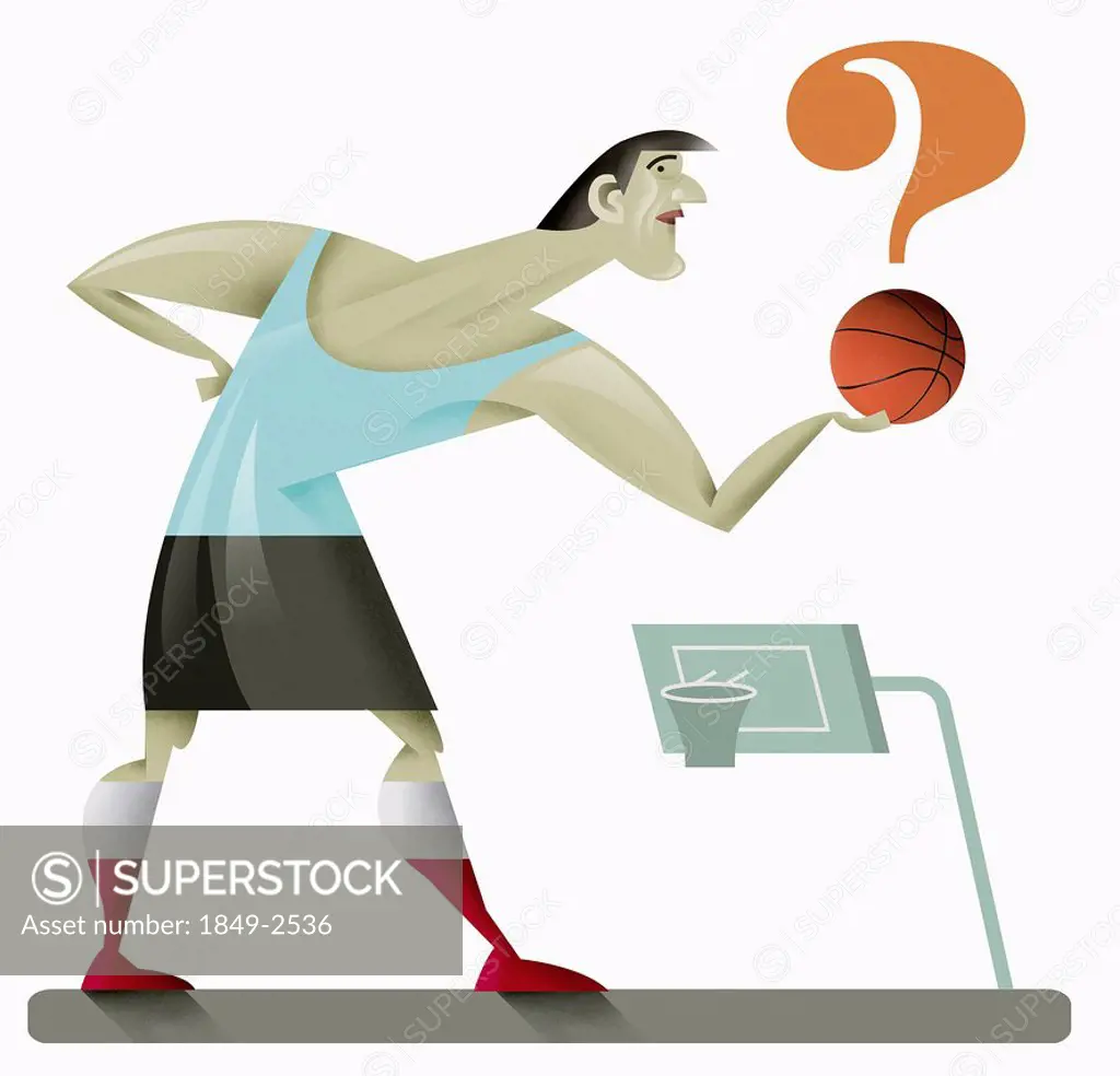 Man holding question mark_shaped basketball