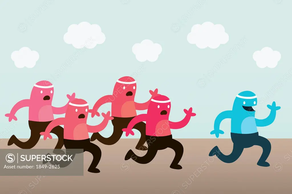 Happy creature running with group of sad creatures