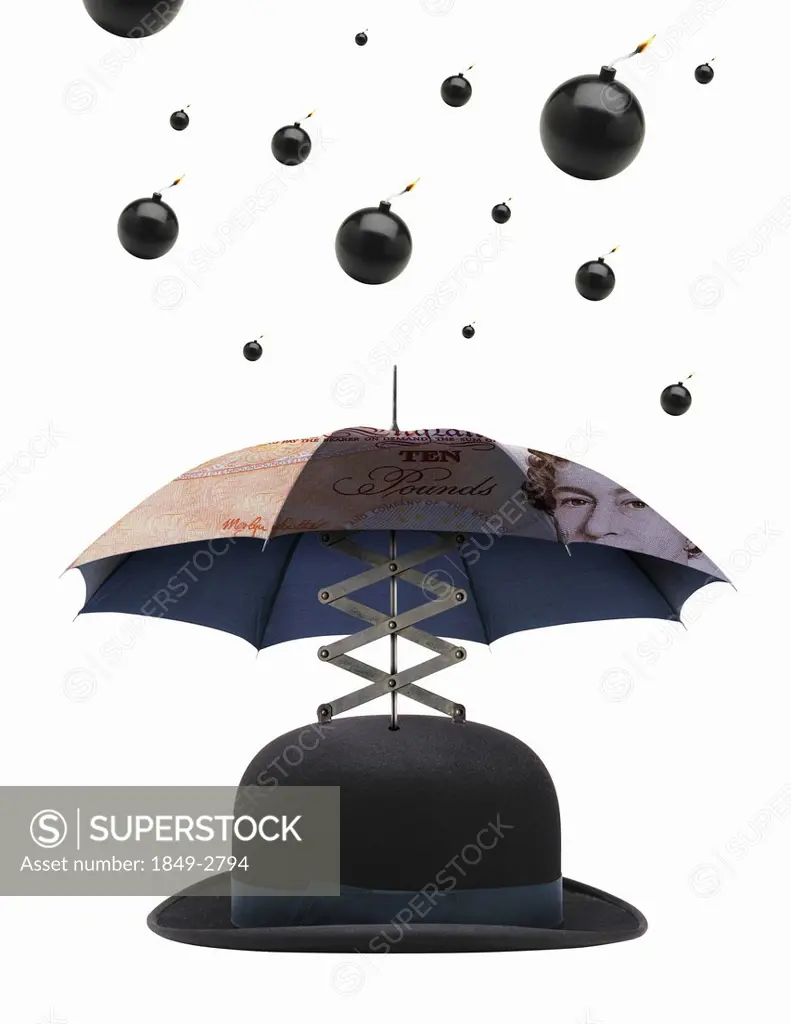 Bombs dropping on umbrella bowler hat