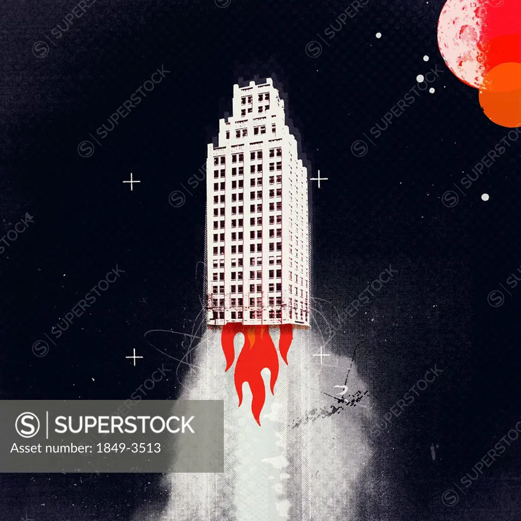 Skyscraper rocket rising into space