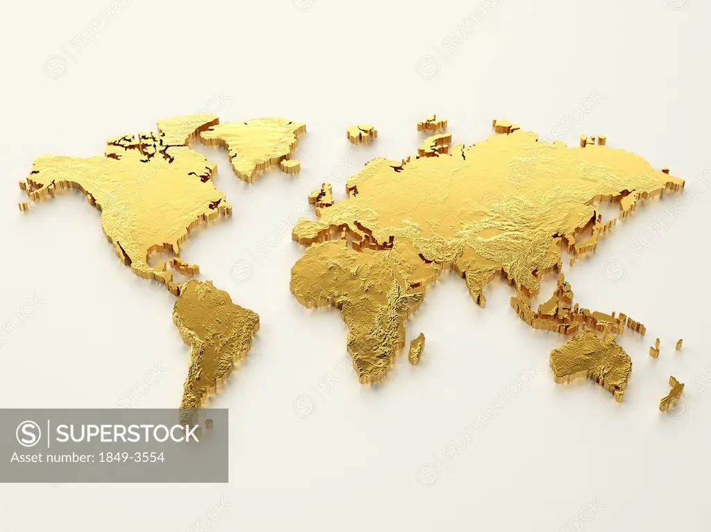 Gold world map on white background