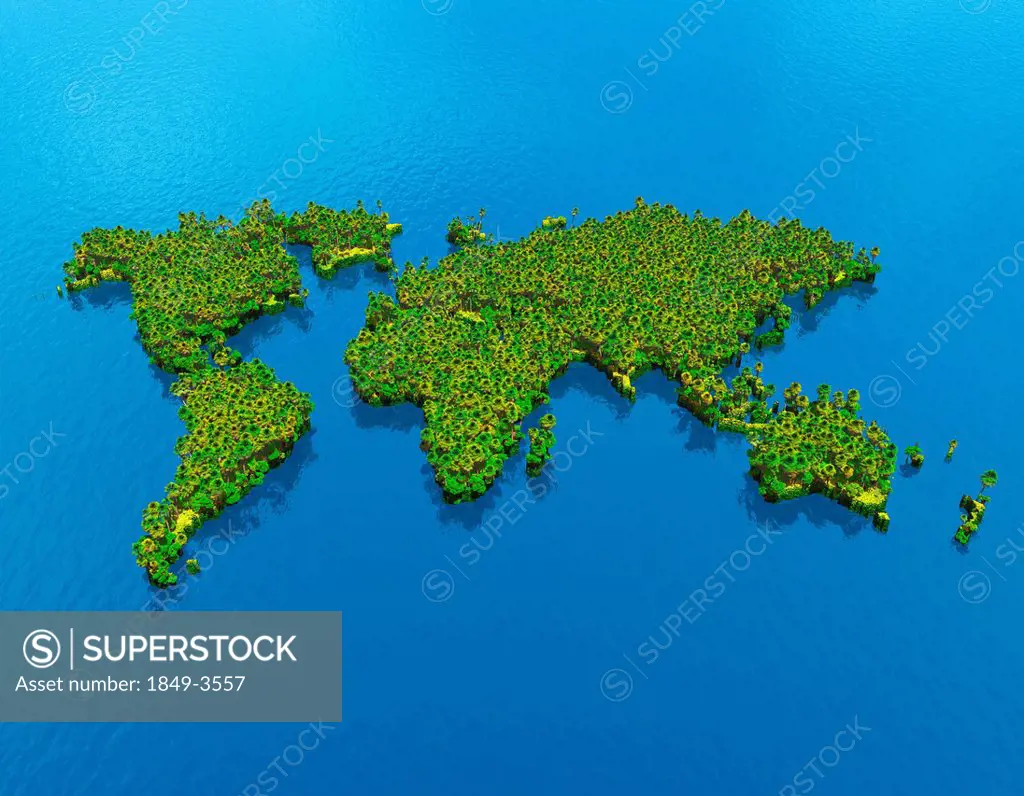 World map covered in vegetation